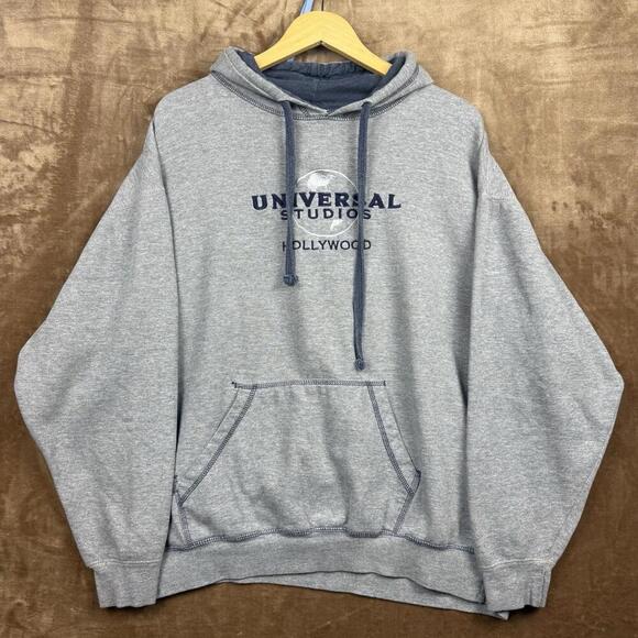VTG Universal Studios Hollywood Hoodie Gray Navy Embroidered Logo Size XL Y2K - Picture 1 of 10